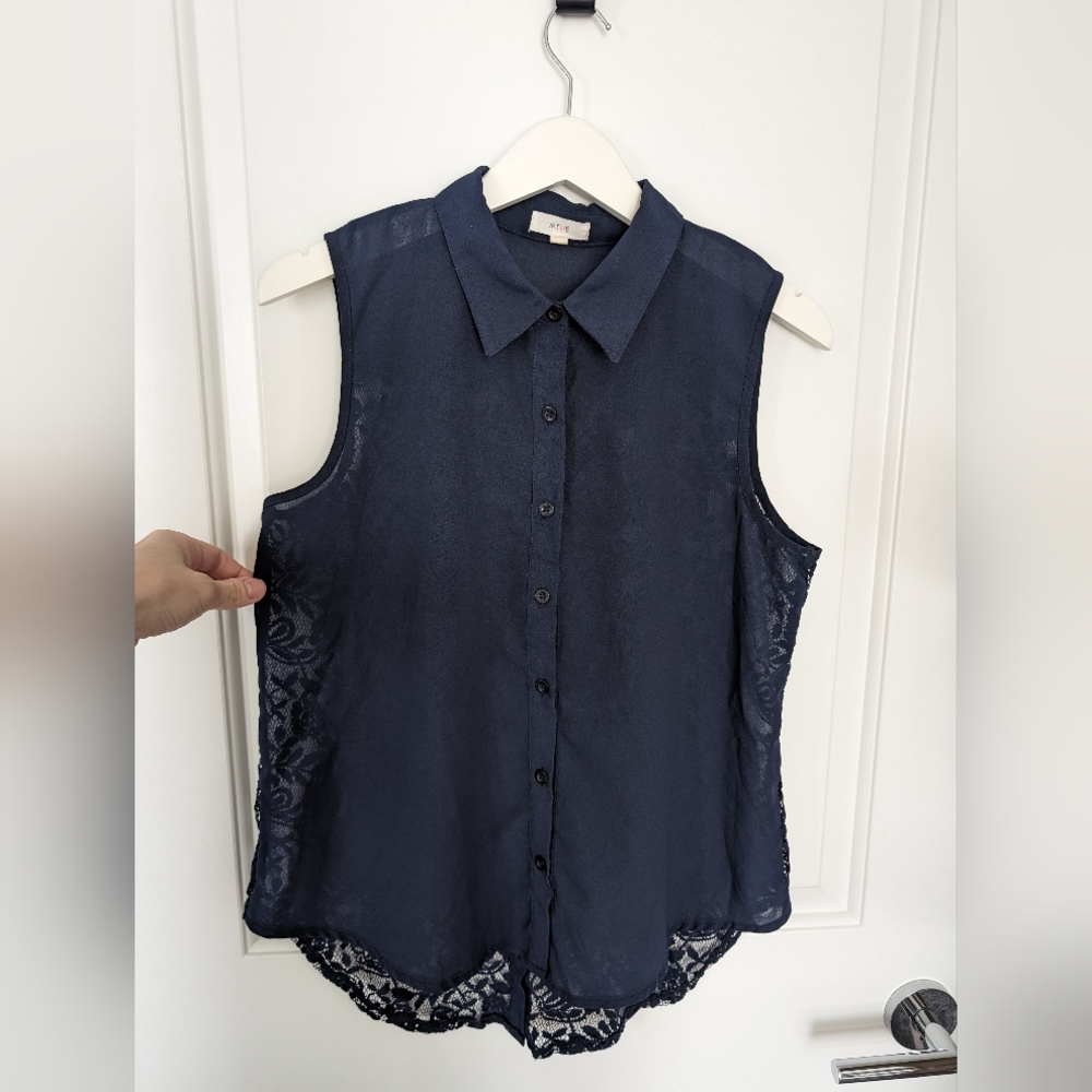 MINE Navy Sleeveless Lace-Back Top - Size M